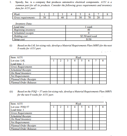 1. Speedy, Inc. is a company that produces automotive electrical components. AI5I is a
common part for all its products. Consider the following grass requirements and inventory
data for AISI part:
Week
3
6
7
Grass requirements
40
30
30
70
20
Inventory Data:
Lead time
Beginning inventorry
Scheduled receipts
Holding cost
Setup cost
1 week
40
$2.50/unit/week
S150
Based on the L4L. lot-sizing rule, develop a Material Requirements Plan (MRP) for the next
8 weeks for A15I part.
Item: A151
Week
5
Lot size: L4L
1
2
4
7
8
Lead time: 1
Gross Requirements
Scheduled Receipts
On Hand Inventory
Net Requirements
Planned Order Receipts
Planned Order Releases
(ii)
Based on the FOQ - 57 units lot-sizing rule, develop a Material Requirements Plan (MRP)
for the next 8 weeks for A151 part.
Item: A151
Lot size: FOQ 57
Lead time: 1
Gross Requirements
Scheduled Receipts
On Hand Inventory
Net Requirements
Planned Order Receipts
|Planned Order Releases
Week
1
2
4
5
7
8
