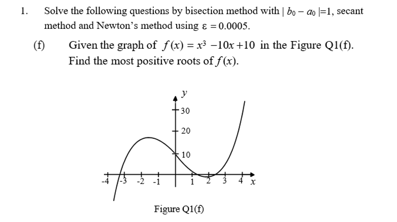 Solve the following questions by bisection method with | bo – ao l=1, secant
method and Newton's method using ɛ = 0.0005.
1.
(f)
Given the graph of f(x) = x³ –10x +10 in the Figure Q1(f).
Find the most positive roots of f(x).
y
30
- 20
10
Figure Q1(f)
2.
