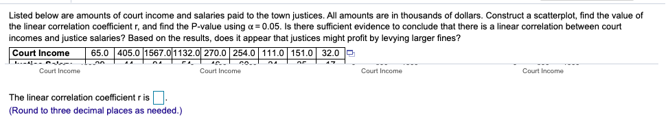 ## Analysis of Court Incomes and Salaries of Town Justices

### Data Overview

Listed below are the amounts of court income and salaries paid to the town justices. All amounts are in thousands of dollars. The objective is to analyze the relationship between these two variables to determine if there is a correlation.

### Data:

| Court Income ($thousands) | 65.0  | 405.0 | 1567.0 | 1132.0 | 270.0 | 254.0  | 111.0 | 151.0 | 32.0  |
|-----------------------------|-------|-------|--------|-------|-------|--------|-------|-------|-------|
| Justice Salaries ($thousands) | 30.0  | 44.8  | 91.2   | 51.0  | 45.0  | 29.5   | 33.0  | 51.2  | 47.8  |

### Analysis Requirements

1. **Scatterplot Construction**: Plot the court incomes against justice salaries to visualize the relationship between the two variables.
2. **Linear Correlation Coefficient**: Calculate the linear correlation coefficient (r) to measure the strength and direction of the linear relationship.
3. **P-value Calculation**: Determine the P-value using a significance level of α = 0.05.
4. **Conclusion on Correlation**: Evaluate if there is sufficient evidence to conclude that a linear correlation exists between court incomes and justice salaries.
5. **Implications**: Based on the results, assess if it appears that justices might profit by levying larger fines.

### Required Calculations

1. **Scatterplot**: A graph with court income on the x-axis and justice salaries on the y-axis will help visualize any potential linear relationship.

2. **Linear Correlation Coefficient (r)**: This is computed using the formula:

\[ r = \frac{n(\Sigma xy) - (\Sigma x)(\Sigma y)}{\sqrt{[n\Sigma x^2 - (\Sigma x)^2][n\Sigma y^2 - (\Sigma y)^2]}} \]

3. **P-value Determination**: Based on the calculated correlation coefficient, evaluate the P-value to test the null hypothesis (\( H_0 \)): There is no linear correlation between court income and justice salaries.

### Findings

