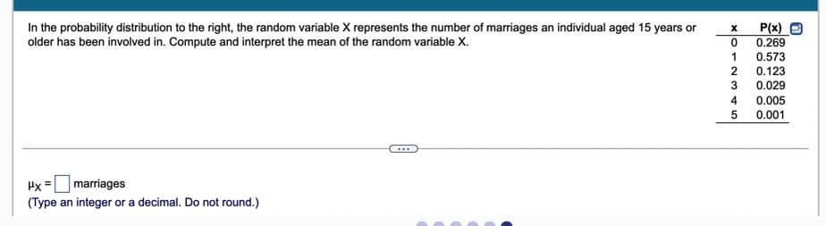 In the probability distribution to the right, the random variable X represents the number of marriages an individual aged 15 years or
older has been involved in. Compute and interpret the mean of the random variable X.
P(x) O
0.269
1
0.573
0.123
0.029
4
0.005
0.001
Hx =
(Type an integer or a decimal. Do not round.)
marriages
