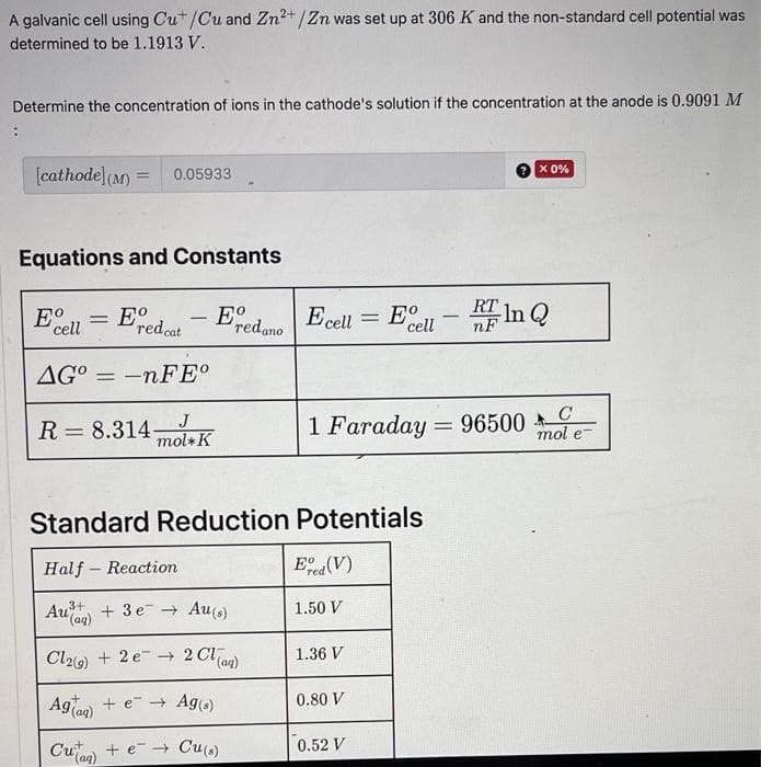 A galvanic cell using Cut/Cu and Zn²+/Zn was set up at 306 K and the non-standard cell potential was
determined to be 1.1913 V.
Determine the concentration of ions in the cathode's solution if the concentration at the anode is 0.9091 M
[cathode] (M)= 0.05933
Equations and Constants
Eº
cell
- Eº
redcat redano
= Eº
AGO-nFE°
=
R= 8.314-
J
mol K
Standard Reduction
Half - Reaction
Au(g) + 3 e → Au(s)
Cl2(g) + 2 e
2 Cl(aq)
Agag) + e
Cuaq) + e
Ag(s)
Cu(s)
Ecell = Eº
Potentials
Ered (V)
1.50 V
1.36 V
cell
0.80 V
1 Faraday 96500 C
mol e
0.52 V
-
X 0%
=
RT
RF In Q
nF