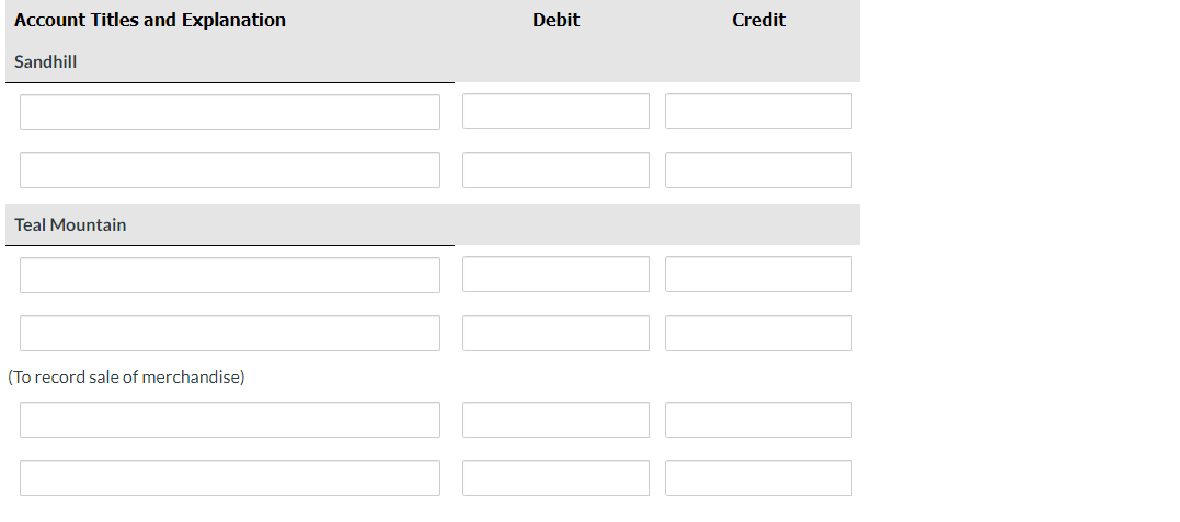 Account Titles and Explanation
Debit
Credit
Sandhill
Teal Mountain
(To record sale of merchandise)
