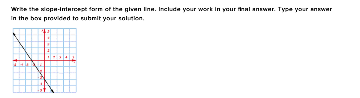 Write the slope-intercept form of the given line. Include your work in your final answer. Type your answer
in the box provided to submit your solution.
3
I2 34
-s -4 -3
