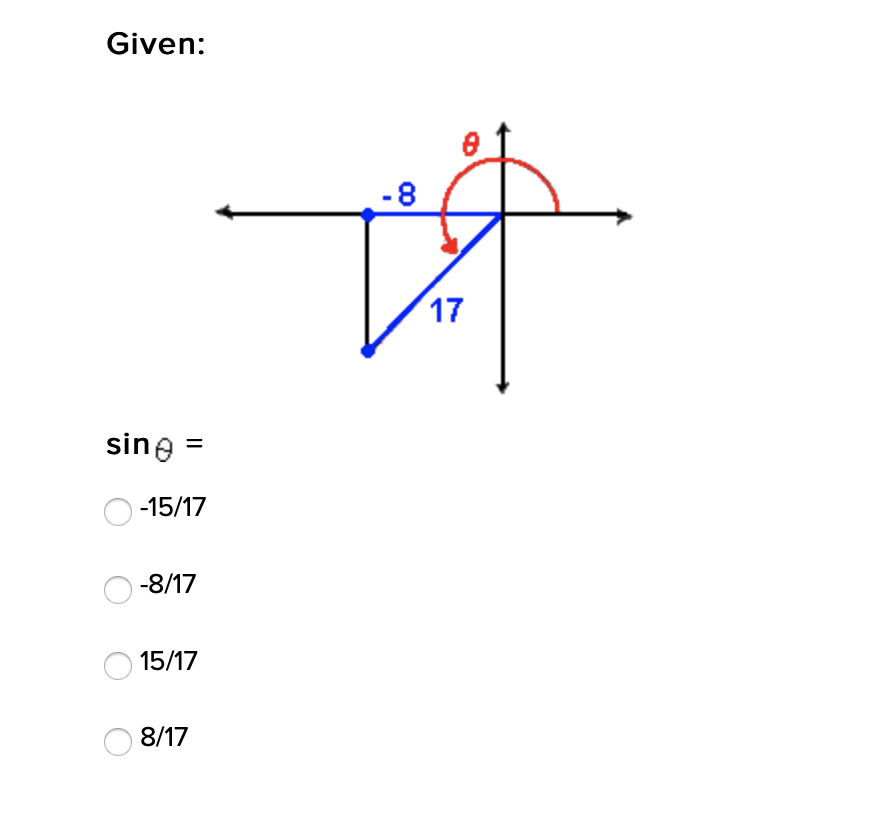 Given:
-8
17
sine =
-15/17
-8/17
15/17
8/17
