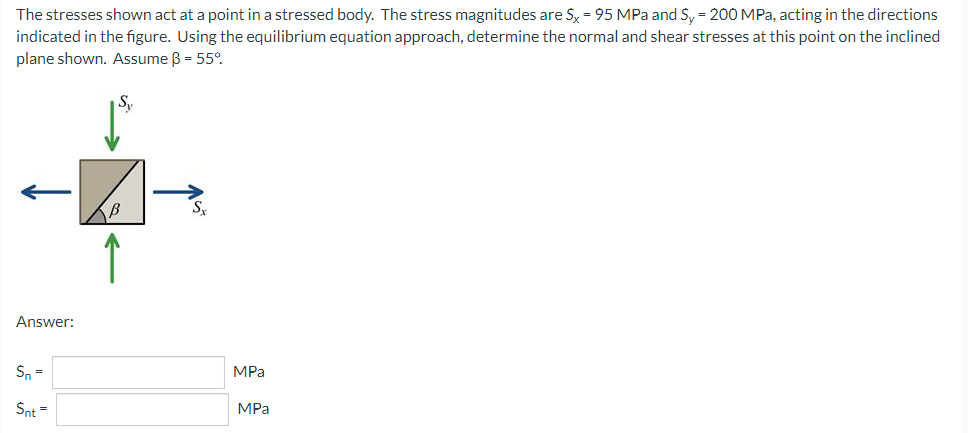 The stresses shown act at a point in a stressed body. The stress magnitudes are Sy = 95 MPa and Sy = 200 MPa, acting in the directions
indicated in the figure. Using the equilibrium equation approach, determine the normal and shear stresses at this point on the inclined
plane shown. Assume B = 55°.
Sy
Answer:
Sn =
MPa
Snt =
MPa
