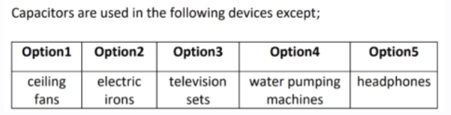 Capacitors are used in the following devices except;
Option1
Option2
Option3
Option4
Option5
ceiling
fans
water pumping headphones
machines
electric
television
irons
sets
