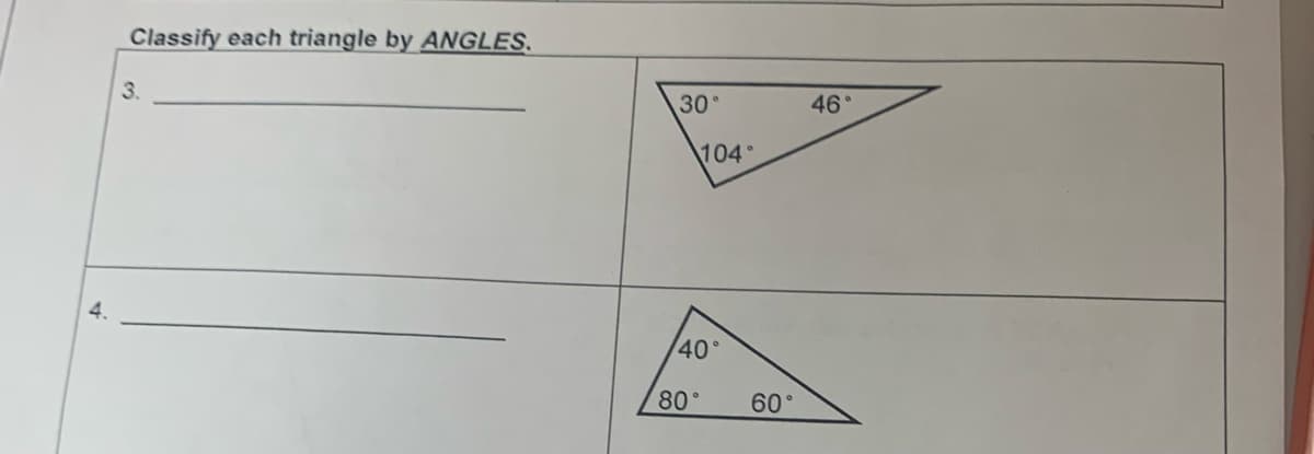 Classify each triangle by ANGLES.
3.
30°
104°
40
80°
60°
46°