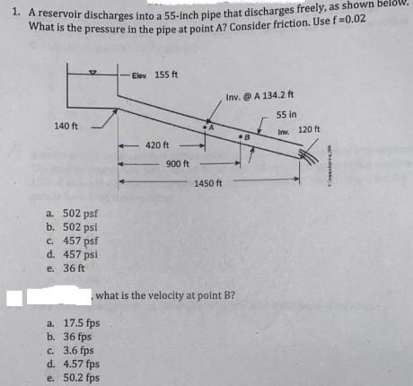 uservoir discharges into a 55-inch pipe that discharges freely, as shown below.
What is the pressure in the pipe at point A? Consider friction. Use f =0.02
Elev 155 ft
Inv. @ A 134.2 ft
55 in
140 ft
Inv.
120 ft
420 ft
900 ft
1450 ft
a. 502 psf
b. 502 psi
c. 457 psf
d. 457 psi
e. 36 ft
,what is the velocity at point B?
a. 17.5 fps
b. 36 fps
c. 3.6 fps
d. 4.57 fps
e. 50.2 fps
ar
