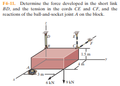 F4-11. Determine the force developed in the short link
BD, and the tension in the cords CE and CF, and the
reactions of the ball-and-socket joint A on the block.
1.5 m
6 kN
9 kN
en
