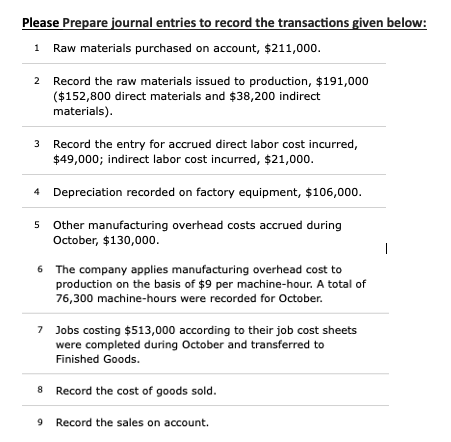 Please Prepare journal entries to record the transactions given below:
1 Raw materials purchased on account, $211,000.
2
Record the raw materials issued to production, $191,000
($152,800 direct materials and $38,200 indirect
materials).
3 Record the entry for accrued direct labor cost incurred,
$49,000; indirect labor cost incurred, $21,000.
4 Depreciation recorded on factory equipment, $106,000.
5 Other manufacturing overhead costs accrued during
October, $130,000.
6 The company applies manufacturing overhead cost to
production on the basis of $9 per machine-hour. A total of
76,300 machine-hours were recorded for October.
7 Jobs costing $513,000 according to their job cost sheets
were completed during October and transferred to
Finished Goods.
Record the cost of goods sold.
9 Record the sales on account.