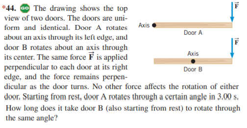 *44. Go The drawing shows the top
view of two doors. The doors are uni-
form and identical. Door A rotates Axis
Door A
about an axis through its left edge, and
door B rotates about an axis through
its center. The same force F is applied
perpendicular to each door at its right
edge, and the force remains perpen-
Axis
Door B
dicular as the door turns. No other force affects the rotation of either
door. Starting from rest, door A rotates through a certain angle in 3.00 s.
How long does it take door B (also starting from rest) to rotate through
the same angle?
