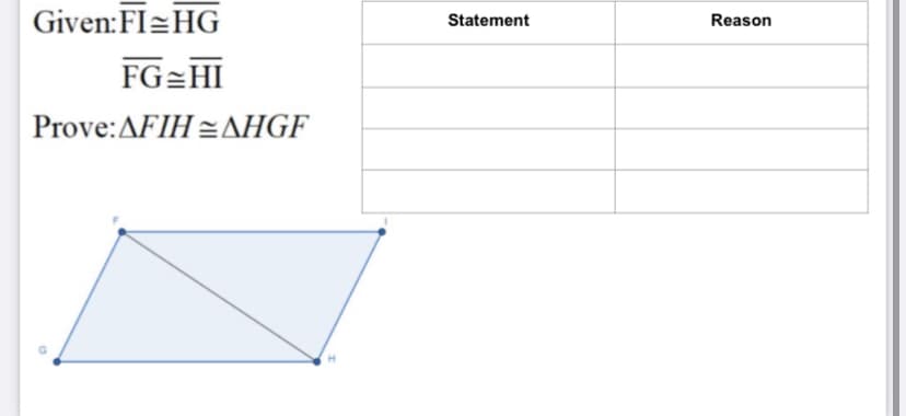 Given:FI=HG
Statement
Reason
FG=HI
Prove: ΔFΗ ΔHGF
