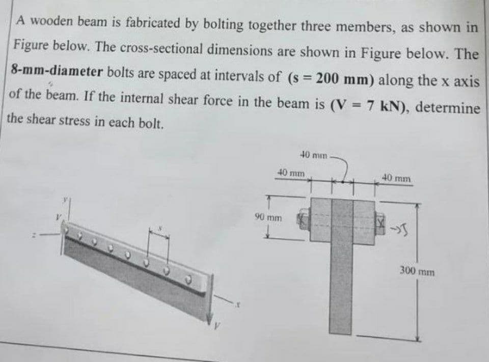 A wooden beam is fabricated by bolting together three members, as shown in
Figure below. The cross-sectional dimensions are shown in Figure below. The
8-mm-diameter bolts are spaced at intervals of (s = 200 mm) along the x axis
of the beam. If the internal shear force in the beam is (V = 7 kN), determine
the shear stress in each bolt.
40 mm
40 mm
T
90 mm
40 mm
300 mm