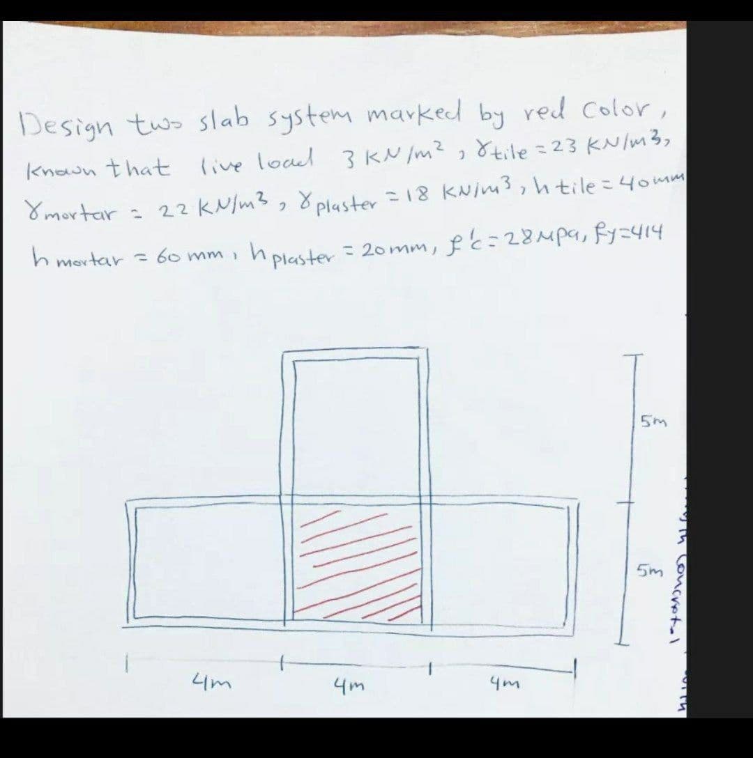 Design two slab system marked by red Color,
live loal 3 KN /m? ,8tile =23 KN/m3,
%3D
known that
Ymortar
- 22 KN/m3, 8 plaster = 18 KNims,htile =4omm
h mortar - 60 mm
fc=28Mpa, fy=414
n Plaster = 20mm,
5m
5m
4m
