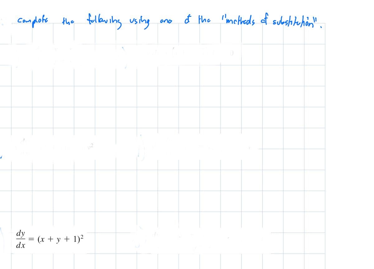 complote the
dy
dx
||
(x + y + 1)²
following using
ano
of the methods of substitutiön!