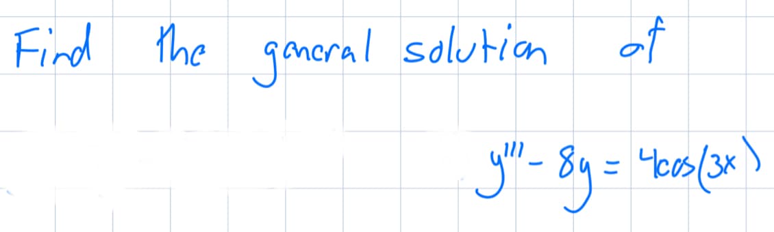 Find the general solution of
y" - 8y = 4 cos (3x)