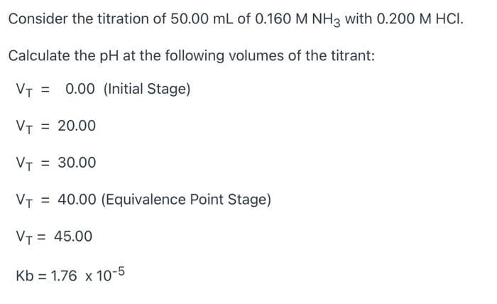 Consider the titration of 50.00 mL of 0.160 M NH3 with 0.200 M HCI.
Calculate the pH at the following volumes of the titrant:
VT = 0.00 (Initial Stage)
%3D
VT = 20.00
VT = 30.00
VT = 40.00 (Equivalence Point Stage)
VT = 45.00
Kb = 1.76 x 10-5
