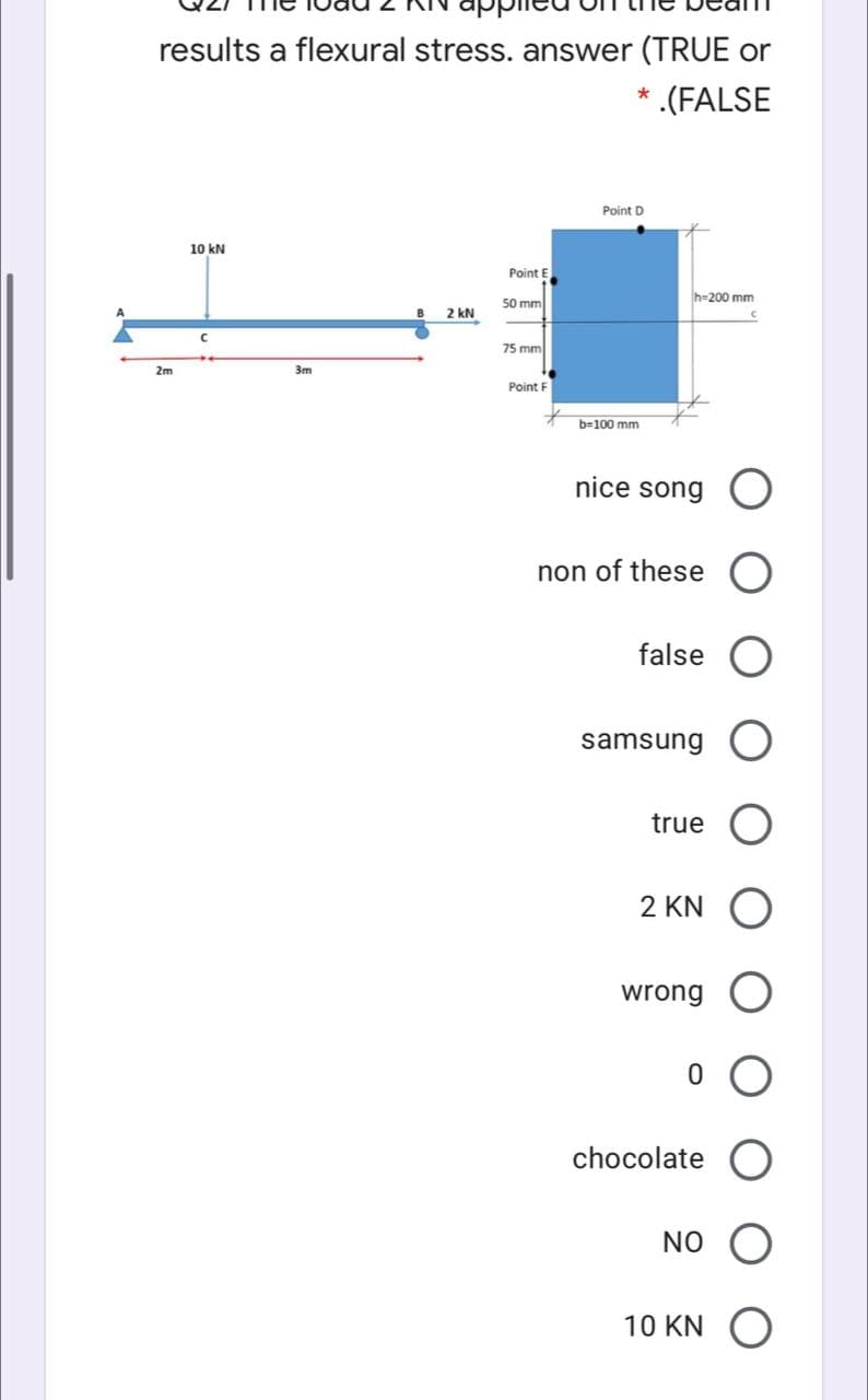 results a flexural stress. answer (TRUE or
(FALSE
Point D
10 kN
Point E
h-200 mm
50 mm
2 kN
75 mm
2m
3m
Point F
b=100 mm
nice song O
non of these
false
samsung
true O
2 KN
wrong O
chocolate O
NO
10 KN O
