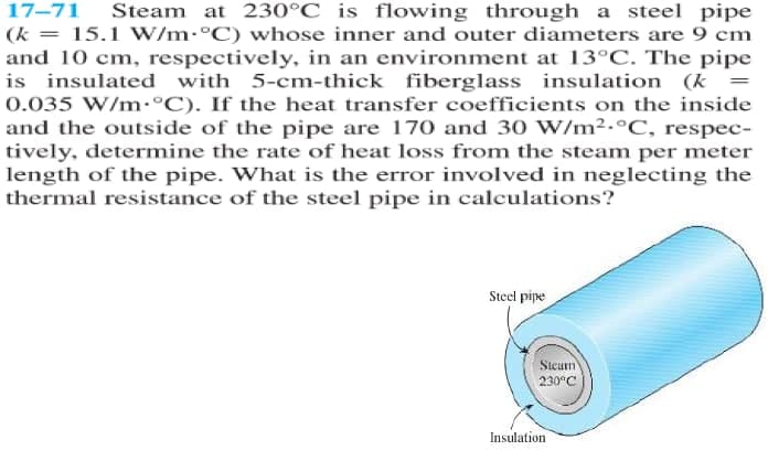 17–71 Steam at 230°C is flowing through a steel pipe
(k = 15.1 W/M•°C) whose inner and outer diameters are 9 cm
and 10 cm, respectively, in an environment at 13°C. The pipe
is insulated with 5-cm-thick fiberglass insulation (k
0.035 W/m-°C). If the heat transfer coefficients on the inside
and the outside of the pipe are 170 and 30 W/m².°C, respec-
tively, determine the rate of heat loss from the steam per meter
length of the pipe. What is the error involved in neglecting the
thermal resistance of the steel pipe in calculations?
Steel pipe
Stcum
230°C
Insulation
