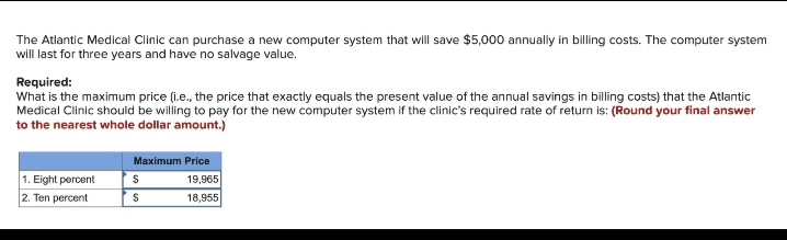 The Atlantic Medical Clinic can purchase a new computer system that will save $5,000 annually in billing costs. The computer system
will last for three years and have no salvage value.
Required:
What is the maximum price (i.e., the price that exactly equals the present value of the annual savings in billing costs) that the Atlantic
Medical Clinic should be willing to pay for the new computer system if the clinic's required rate of return is: (Round your final answer
to the nearest whole dollar amount.)
1. Eight percent
2. Ten percent
Maximum Price
$
$
19,965
18,955