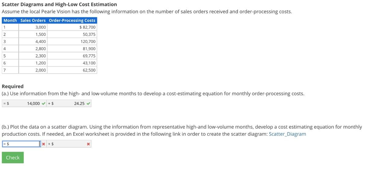 Scatter Diagrams and High-Low Cost Estimation
Assume the local Pearle Vision has the following information on the number of sales orders received and order-processing costs.
Month Sales Orders Order-Processing Costs
$ 82,700
3,000
1,500
50,375
4,400
120,700
2,800
81,900
2,300
69,775
1,200
43,100
2,000
62,500
1
2
3
4
5
6
7
Required
(a.) Use information from the high- and low-volume months to develop a cost-estimating equation for monthly order-processing costs.
= $
14,000 + $
(b.) Plot the data on a scatter diagram. Using the information from representative high-and low-volume months, develop a cost estimating equation for monthly
production costs. If needed, an Excel worksheet is provided in the following link in order to create the scatter diagram: Scatter_Diagram
x + $
= $
24.25
Check
x