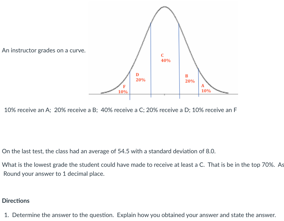 An instructor grades on a curve.
A
40%
D
20%
20%
F
10%
Directions
10%
10% receive an A; 20% receive a B; 40% receive a C; 20% receive a D; 10% receive an F
On the last test, the class had an average of 54.5 with a standard deviation of 8.0.
What is the lowest grade the student could have made to receive at least a C. That is be in the top 70%. As
Round your answer to 1 decimal place.
1. Determine the answer to the question. Explain how you obtained your answer and state the answer.