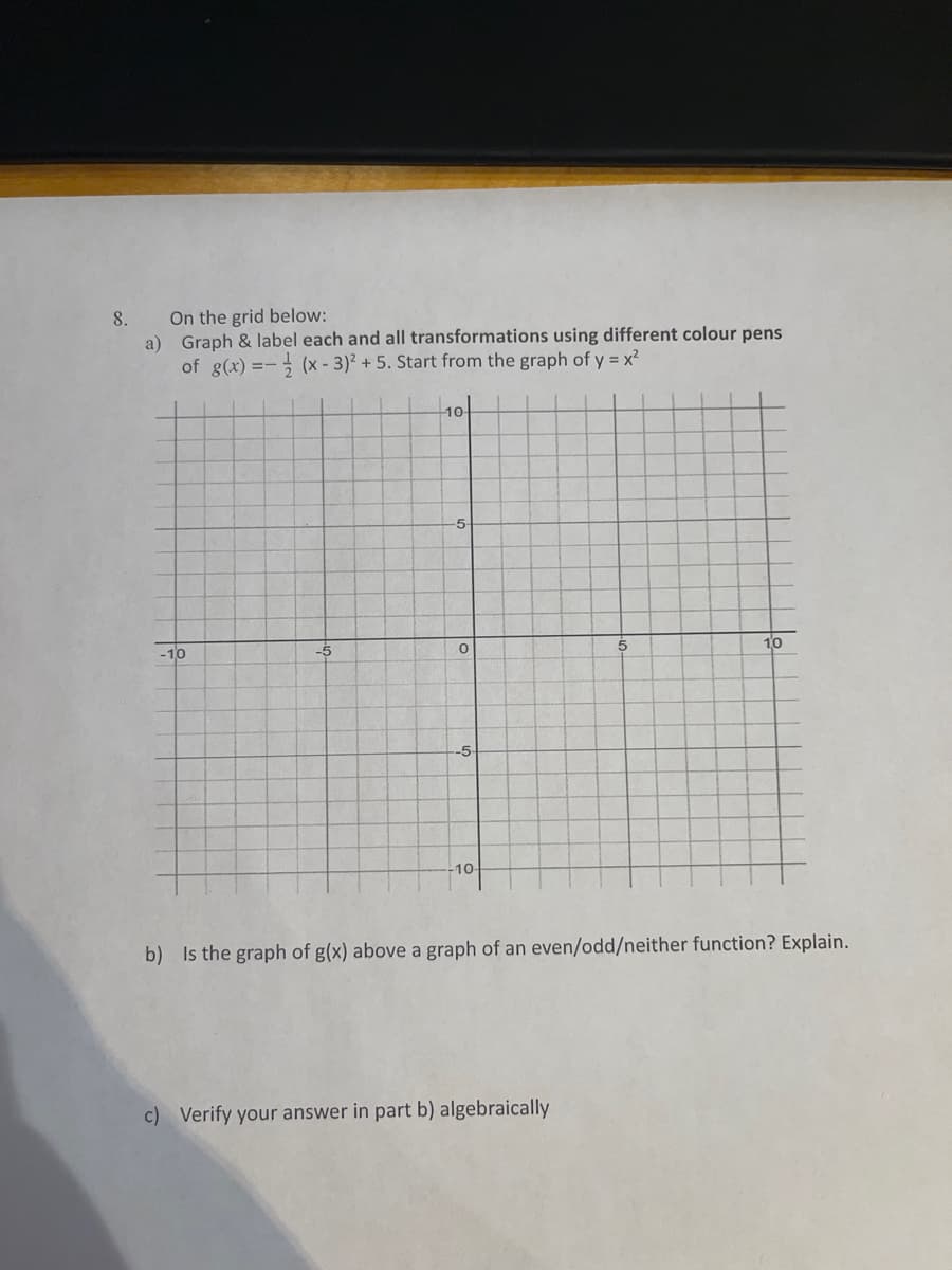 On the grid below:
a) Graph & label each and all transformations using different colour pens
of g(x) =- (x - 3)² + 5. Start from the graph of y = x²
8.
10
-5-
-10
-5
10
-5
-10-
b) Is the graph of g(x) above a graph of an even/odd/neither function? Explain.
c) Verify your answer in part b) algebraically
