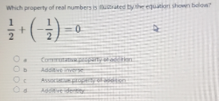 Which property of real numbers is illustrated by the equationi shown below?
Commutatnapraparty odeitian:
Additive inverse
Assoctatue property ofabdtion
Additive identi

