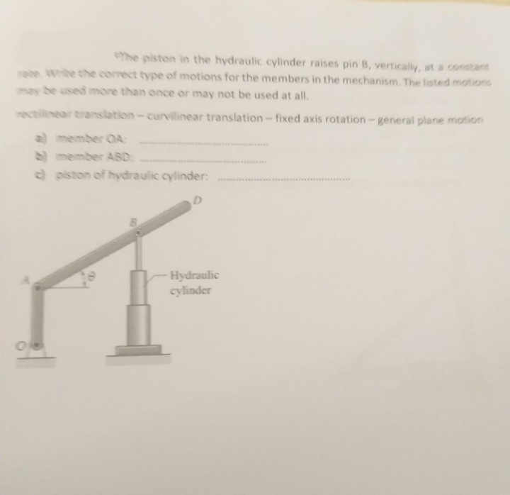 The piston in the hydraulic cylinder raises pin B, vertically, at a constant
rate. Write the correct type of motions for the members in the mechanism. The listed motions
may be used more than once or may not be used at all.
rectilinear translation-curvilinear translation - fixed axis rotation-general plane motion
a) member OA:
b) member ABD:
d) piston of hydraulic cylinder:
D
Hydraulic
cylinder