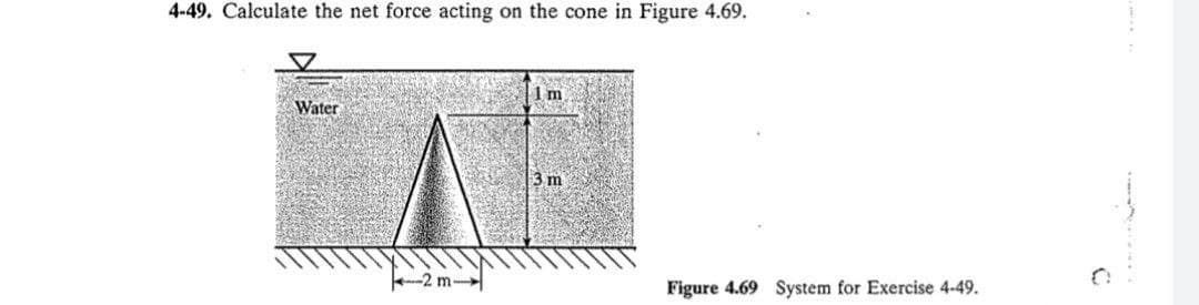 4-49. Calculate the net force acting on the cone in Figure 4.69.
1 m
Water
3 m
-2 m
Figure 4.69 System for Exercise 4-49.
