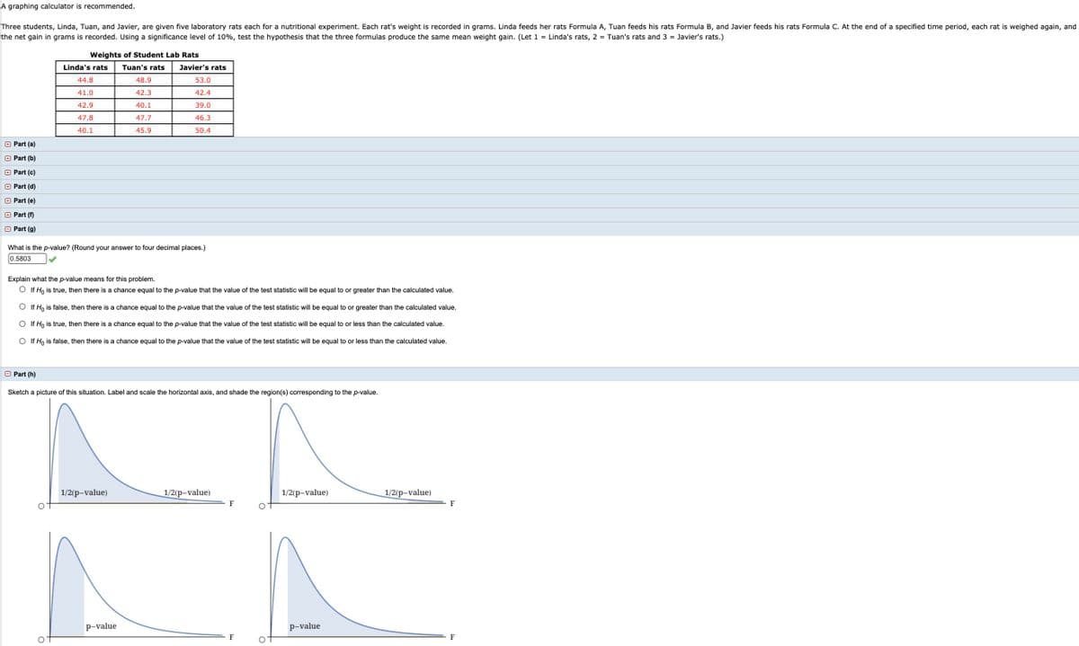 A graphing calculator is recommended.
Three students, Linda, Tuan, and Javier, are given five laboratory rats each for a nutritional experiment. Each rat's weight is recorded in grams. Linda feeds her rats Formula A, Tuan feeds his rats Formula B, and Javier feeds his rats Formula C. At the end of a specified time period, each rat is weighed again, and
the net gain in grams is recorded. Using a significance level of 10%, test the hypothesis that the three formulas produce the same mean weight gain. (Let 1 = Linda's rats, 2 = Tuan's rats and 3 = Javier's rats.)
Weights of Student Lab Rats
Linda's rats
Tuan's rats
Javier's rats
44.8
48.9
53.0
41.0
42.3
42.4
42.9
40.1
39.0
47.8
47.7
46.3
40.1
45.9
50.4
O Part (a)
O Part (b)
O Part (c)
O Part (d)
O Part (e)
O Part (f)
O Part (g)
What is the p-value? (Round your answer to four decimal places.)
0.5803
Explain what the p-value means for this problem.
O If H, is true, then there is a chance equal to the p-value that the value of the test statistic will be equal to or greater than the calculated value.
O If Ho is false, then there is a chance equal to the p-value that the value of the test statistic will be equal to or greater than the calculated value.
O If Ho is true, then there is a chance equal to the p-value that the value of the test statistic will be equal to or less than the calculated value.
O If Ho is false, then there is a chance equal to the p-value that the value of the test statistic will be equal to or less than the calculated value.
O Part (h)
Sketch a picture of this situation. Label and scale the horizontal axis, and shade the region(s) corresponding to the p-value.
1/2(p-value)
1/2(p-value)
1/2(p-value)
1/2(p-value)
F
F
p-value
p-value
F
F
