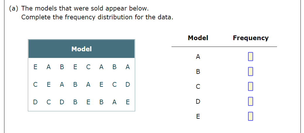 (a) The models that were sold appear below.
Complete the frequency distribution for the data.
Model
Frequency
Model
A
E A В Е СА В А
В
СЕ А
В
A E C D
C
D C D
В Е
В
A
E
D
E
