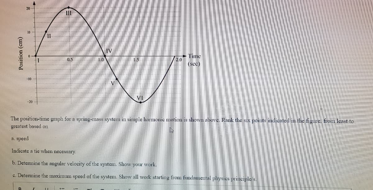 20
Ill
10
II
IV
Time
2.0
(sec)
0.5
1.0
1.5
-10
VI
- 20
The position-time graph for a spring-mass system in simple harmonic motion is shown above. Rank the six points indicated in the figure, from least to
greatest based on
a. speed
Indicate a tie when necessary.
b. Determine the angular velocity of the system. Show your work.
c. Determine the maximum speed of the systenm. Show all work starting from fundamental physics principle/s.
11
Position (cm)
