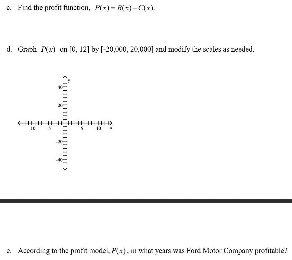 c. Find the profit function, P(x)= R(x)-C(x)
d. Graph P(x) on [0, 12] by [-20,000, 20,000] and modify the scales as needed
20
T+
-10
10
According to the profit model, P(x), in what years was Ford Motor Company profitable?
e.
