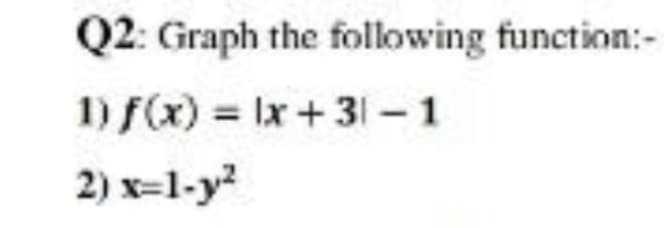 Q2: Graph the following function:-
1) f(x) = Ix + 31 – 1
2) x=1-y?
