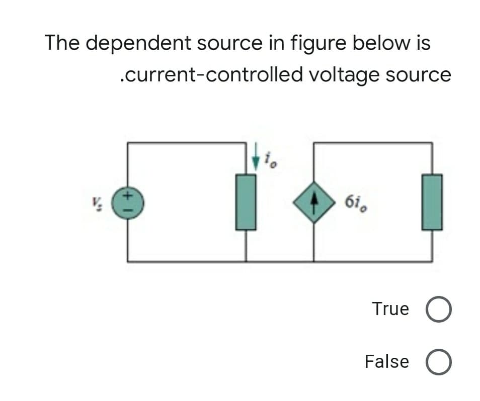 The dependent source in figure below is
.current-controlled voltage source
6i.
True O
False O
(+1)
