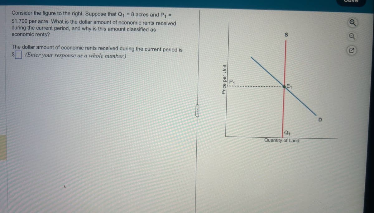 Consider the figure to the right. Suppose that Q₁ = 8 acres and P₁ =
$1,700 per acre. What is the dollar amount of economic rents received
during the current period, and why is this amount classified as
economic rents?
The dollar amount of economic rents received during the current period is
$
(Enter your response as a whole number.)
C
Price per Unit
P1
E1
Q1
Quantity of Land
S
D
E