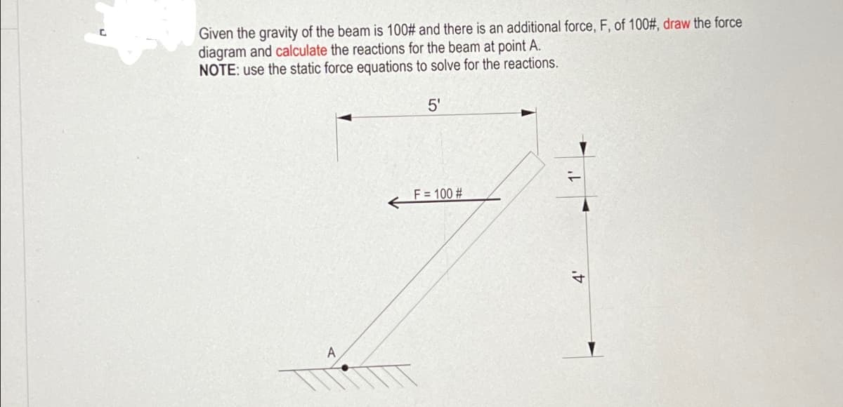 Given the gravity of the beam is 100# and there is an additional force, F, of 100#, draw the force
diagram and calculate the reactions for the beam at point A.
NOTE: use the static force equations to solve for the reactions.
5'
F = 100 #