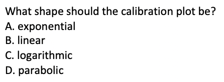 What shape should the calibration plot be?
A. exponential
B. linear
C. logarithmic
D. parabolic
