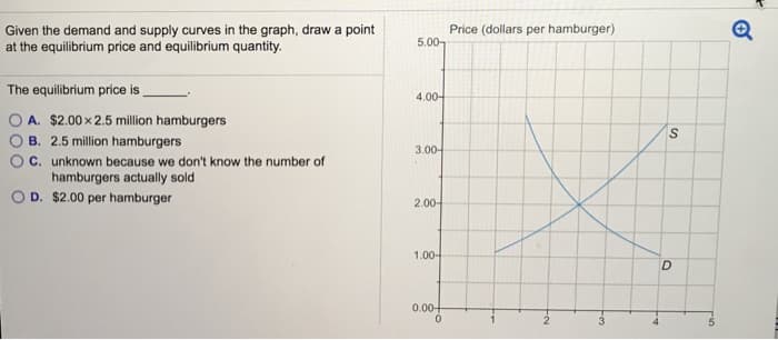 Given the demand and supply curves in the graph, draw a point
at the equilibrium price and equilibrium quantity.
The equilibrium price is
A. $2.00 x 2.5 million hamburgers
B. 2.5 million hamburgers
C. unknown because we don't know the number of
hamburgers actually sold
OD. $2.00 per hamburger
5.00
4.00-
3.00-
2.00-
1.00-
0.00+
0
Price (dollars per hamburger)
3
4
S
D