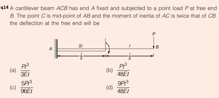 q14 A cantilever beam ACB has end A fixed and subjected to a point load P at free end
B. The point C is mid-point of AB and the moment of inertia of AC is twice that of CB.
the deflection at the free end will be
21
A
P13
(a)
3EI
P3
(b)
48EI
5P3
(c)
96EI
9P13
(d)
48EI
12
