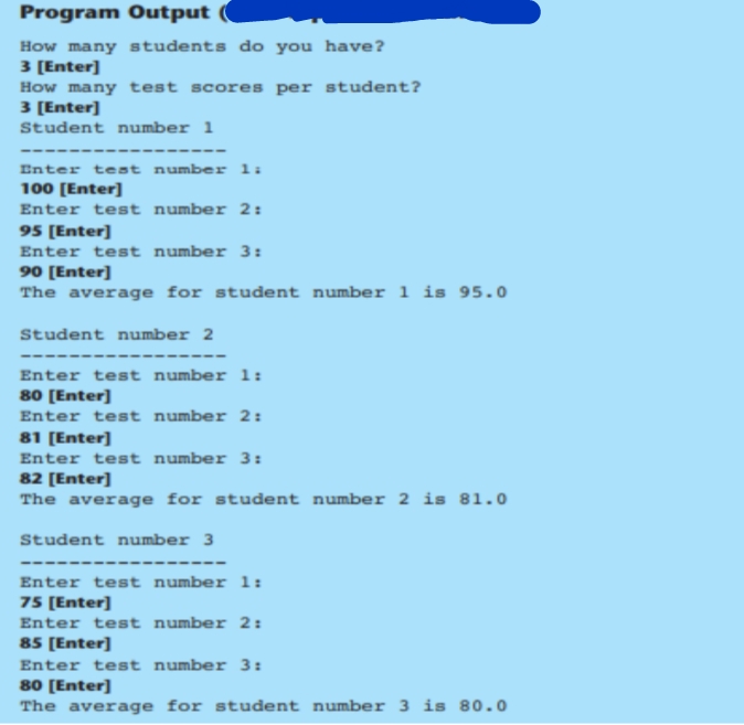 Program Output
How many students do you have?
3 [Enter]
How many test scores per student?
3 [Enter]
Student number 1
Enter test number l:
100 [Enter]
Enter test number 2:
95 [Enter]
Enter test number 3:
90 [Enter]
The average for student number 1 is 95.o
Student number 2
Enter test number l:
80 [Enter]
Enter test number 2:
81 [Enter]
Enter test number 3:
82 [Enter]
The average for student number 2 is 81.0
Student number 3
Enter test number l:
75 [Enter]
Enter test number 2:
85 [Enter]
Enter test number 3:
80 [Enter]
The average for student number 3 is 80.0
