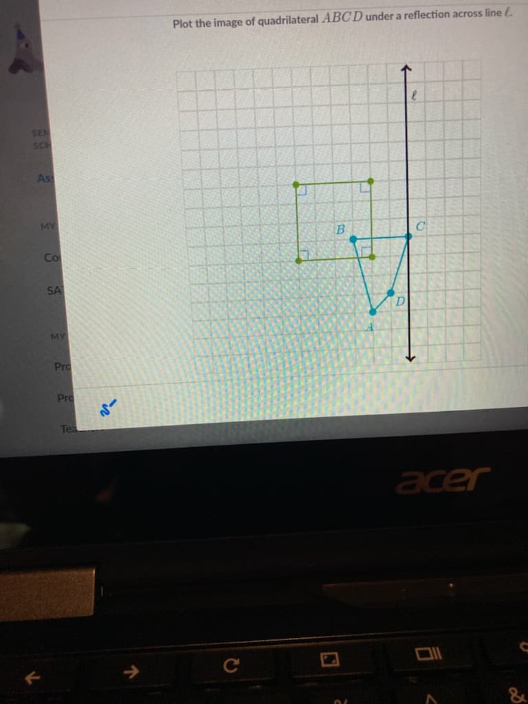 **Title: Reflections of Quadrilaterals**

**Objective:**
Understand how to reflect a quadrilateral across a given line and visualize the transformation.

**Instructions:**
Plot the image of quadrilateral \(ABCD\) under a reflection across line \(\ell\).

**Graph Description:**

1. **Initial Quadrilateral \(ABCD\)**:
   - The quadrilateral \(ABCD\) is plotted in a Cartesian coordinate system with point coordinates accurately placed on a grid.
   - Points \(A\), \(B\), \(C\), and \(D\) form quadrilateral \(ABCD\) which is displayed using a blue outline.

2. **Line of Reflection (\(\ell\))**:
   - Line \(\ell\) is a vertical line, prominently marked in black, and positioned to the right of quadrilateral \(ABCD\).
   - The line \(\ell\) acts as the axis of reflection and is extended vertically across the grid.

3. **Reflected Quadrilateral**:
   - A reflection of quadrilateral \(ABCD\) is shown on the other side of line \(\ell\).
   - The reflected quadrilateral is displayed using a green outline, with each corresponding point (\(A'\), \(B'\), \(C'\), \(D'\)) matching the coordinates perfectly. 
   - Distance from the original points to the line \(\ell\) is mirrored precisely on the other side.

**Reflection Process**:
To reflect a point across a vertical line \(\ell\), you must:

   1. Measure the horizontal distance from the point to the line \(\ell\).
   2. Move the point the same distance on the opposite side of the line \(\ell\).

This process is repeated for each point \(A\), \(B\), \(C\), and \(D\) of the quadrilateral, creating the reflected quadrilateral.

**Key Points to Remember**:

- Reflections produce a mirror image of the shape across the line.
- The perpendicular distance of each point from the line remains constant.
- The reflected shape is congruent to the original shape.

This visual demonstration helps in understanding the principles of reflection in geometry, reinforcing the concept that reflective symmetry displays congruent shapes across an axis.