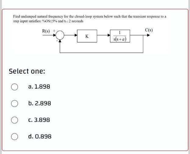 Find undamped natural frequency for the closed-loop system below such that the transient response to a
step input satisfies: %OS55% and ts s2 seconds
R(s) +
C(s)
K
s(s + a)
Select one:
а. 1.898
b. 2.898
c. 3.898
d. 0.898
