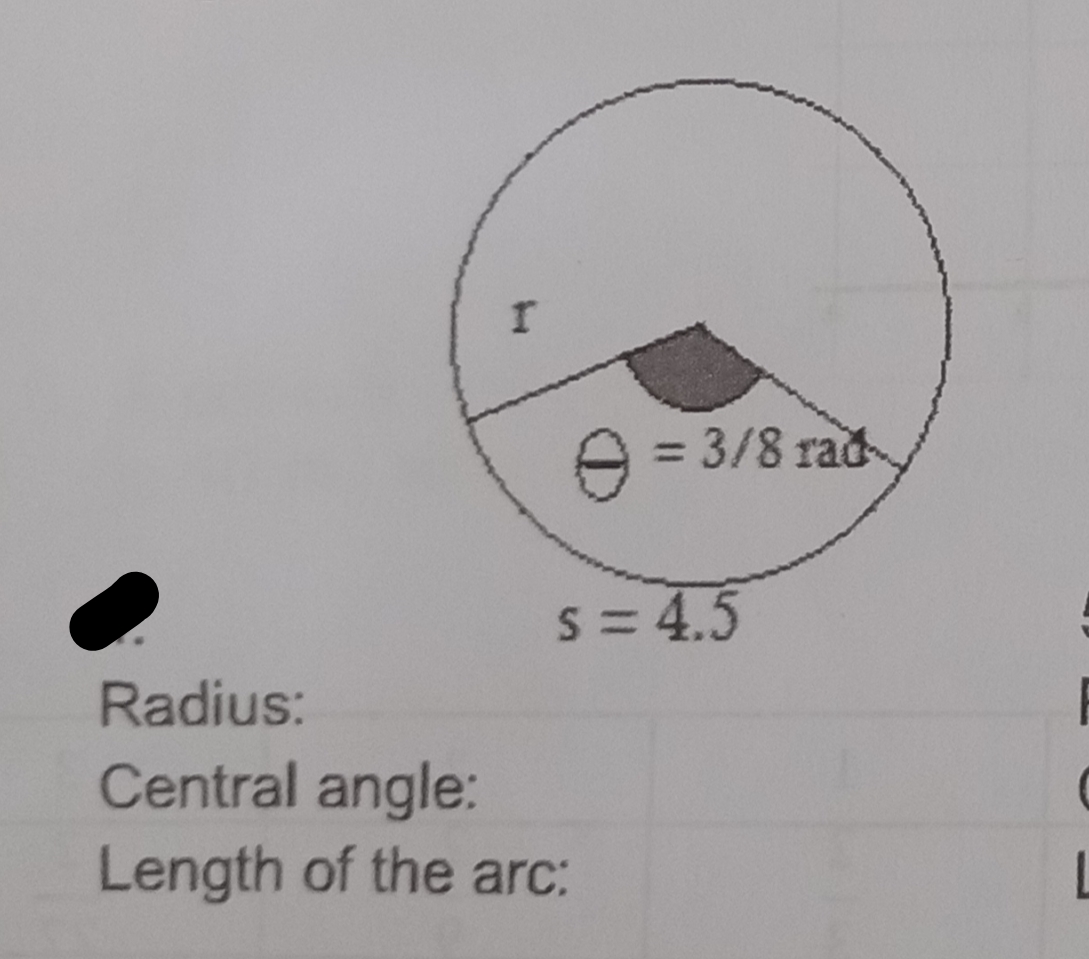 = 3/8 rad
S = 4.5
Radius:
Central angle:
Length of the arc:
