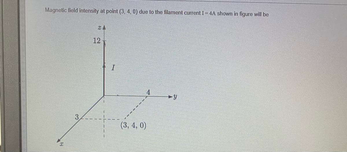 Magnetic field intensity at point (3, 4, 0) due to the filament current I=4A shown in figure will be
zA
12
(3, 4, 0)
