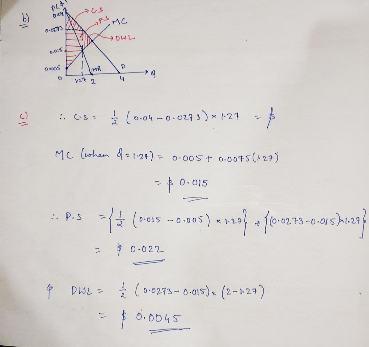 PC#.
0-04
MC
0.0273
DWL.
0.015
O-005
MR
D
127 2
4
:. C-s = (o.04 -- 0.0273 -
(0.04 -0.029 3
) * 1.27
Mc lwhen d> 1·2+) = 0·005t 0.0075(+27)
%3D
-$0.015
stoe) .
:. P.S
o.015 -0.005)
100273-0.015A123
$ 0.022
4 DWL = (o.0273-0-015)» (2-1 23)
$ 0.0045
