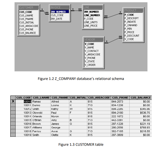 CUSTOMER
us CODE
Cus_LNAME
Cus_FNAME
Cus_INITIAL
CuS_AREACODE
CUS_PHONE
|Cus_BALANCE
INVOICE
INV NMER
CUs_CODE
|JINV_DATE
LINE
INV_NUMBER
LINE NUMBER
P_CODE
LINE_UNITS
LINE_PRICE
PRODUCT
P_CODE
P_DESCRIPT
P_INDATE
P_ONHAND
P_MIN
P_PRICE
P_DISCOUNT
v_CODE
VENDOR
V CODE
V_NAME
V_CONTACT
V_AREACODE
V_PHONE
V_STATE
V_ORDER
Figure 1.2 Z_COMPANY database's relational schema
CUS_CODE CUS_LNAME CUS_FNAME CUS_INITIAL CUS_AREACODE CUS_PHONE CUS_BALANCE
10010 Ramas
Alfred
A
615
844-2573
$0.00
10011 Dunno
Lcona
K
713
804-1238
$0.00
1U012 Smith
Kathy
Paul
615
894-2285
$345.86
10013 Olowski
615
894-2180
$536.75
10011 Orlando
Myron
Amy
James
615
222 1672
$0.00
442-3361
297-1228
10015 O'Brlan
713
$0.00
10016 Brown
615
$221.19
10017 Williams
George
615
290-2556
$768.93
A Ie
Olette
10018 Farriss
713
382-7185
$216.55
10019 Smith
K
615
297-3809
$0.00
Figure 1.3 CUSTOMER table
