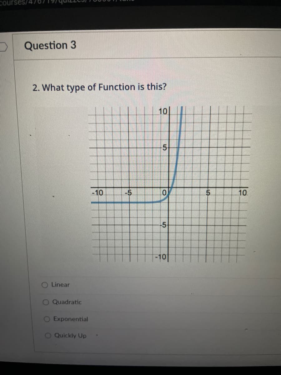 Courses/47
Question 3
2. What type of Function is this?
10
-10
-5
5.
10
-5
-101
O Linear
O Quadratic
O Exponential
6 Quickly Up
