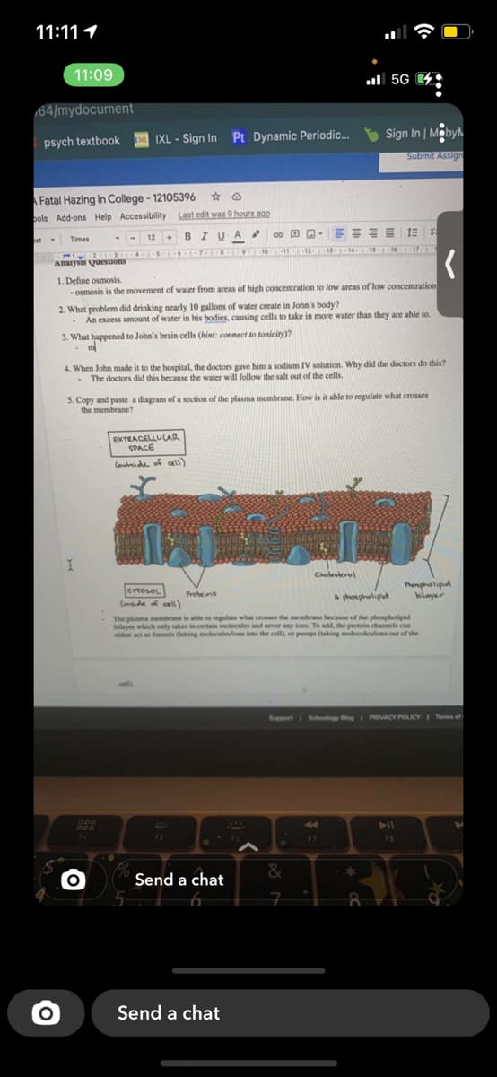 11:111
11:09
l 5G 4.
64/mydocument
IXL - Sign In Pt Dynamic Periodic.
E
Sign In | MobyM
psych textbook
Submit Assign
Fatal Hazing in College - 12105396
bols Add-ons Help Accessibility Last edit was 9 hours ago
-BIUA
o0回ロ, 三-- 1
xt
Times
12 +
ACC 10 11 12 13 14 15 116 171
Anaiysis quesuons
1. Define osmosis.
- osmosis is the movement of water from areas of high concentration to low arcas of low concentration
2. What problem did drinking nearly 10 gallons of water create in John's body?
An excess amount of water in his bodies, causing cells to take in more water than they are able to.
3. What happened to John's brain cells (hint: connect to tonicity)?
m
4. When John made it to the hospital, the doctors gave him a sodium IV solution. Why did the doctors do this?
The doctors did this because the water will follow the salt out of the cells.
5. Copy and paste a diagram of a section of the plasma membrane. How is it able to regulate what crosses
the membrane?
EXTEACELLULAR
SPACE
(outide of aell)
Choleskrol
CYTOSOL
Cnsde a call)
Pongholipid
bilayer
Prohens
phosgholipud
The plasma membrane is able to regulate what crosses the membrane because of the phospholipid
bilayer which only takes in certain molecules and never any ions. To add, the protein channels can
eider act as funnels leting moleculeslons into the cell), or pumps (taking molecules/ions out of the
Support I Schoology Blog I PRIVACY POLICY I Tems of
G00
-4
14
FA
&
Send a chat
Send a chat
